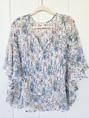 Sundance Sheer Floral Pintuck V Neck Ruffled Poncho Style Peasant Top Small